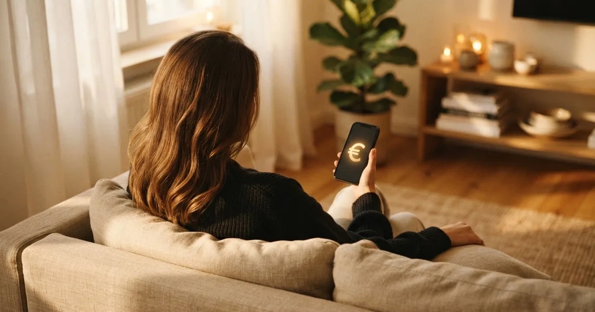 Mão de uma mulher a segurar um telemóvel numa sala de estar iluminada, com um sorriso discreto, numa fotografia realista de luz natural.