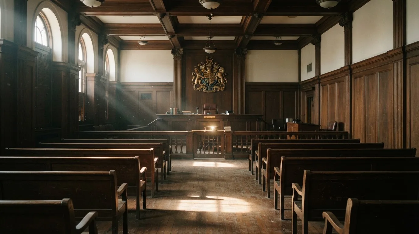 Sala de tribunal vazia com painéis de madeira, à luz da manhã — casinos com bônus em portugal