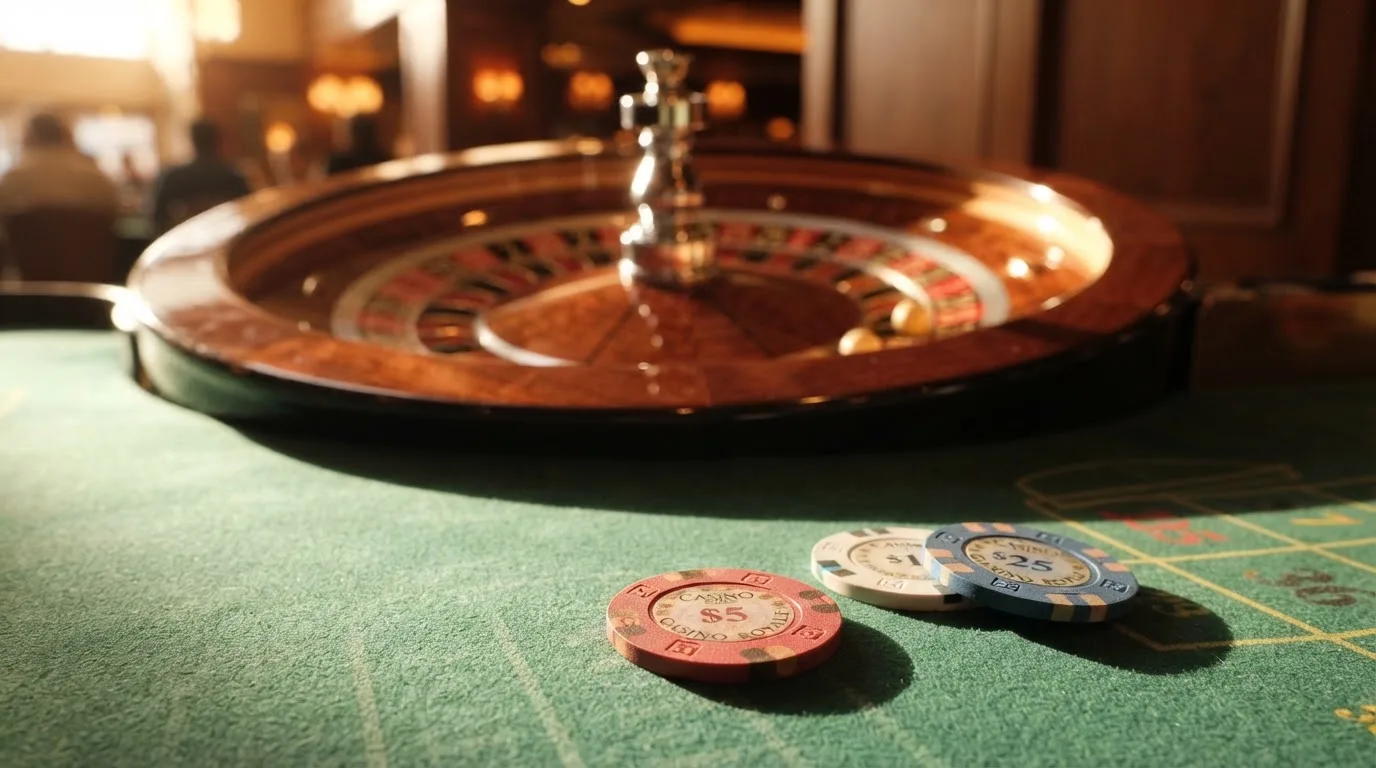 Roda de roleta e fichas sobre feltro verde, sob uma luz quente de fim de tarde — casinos com bônus em portugal