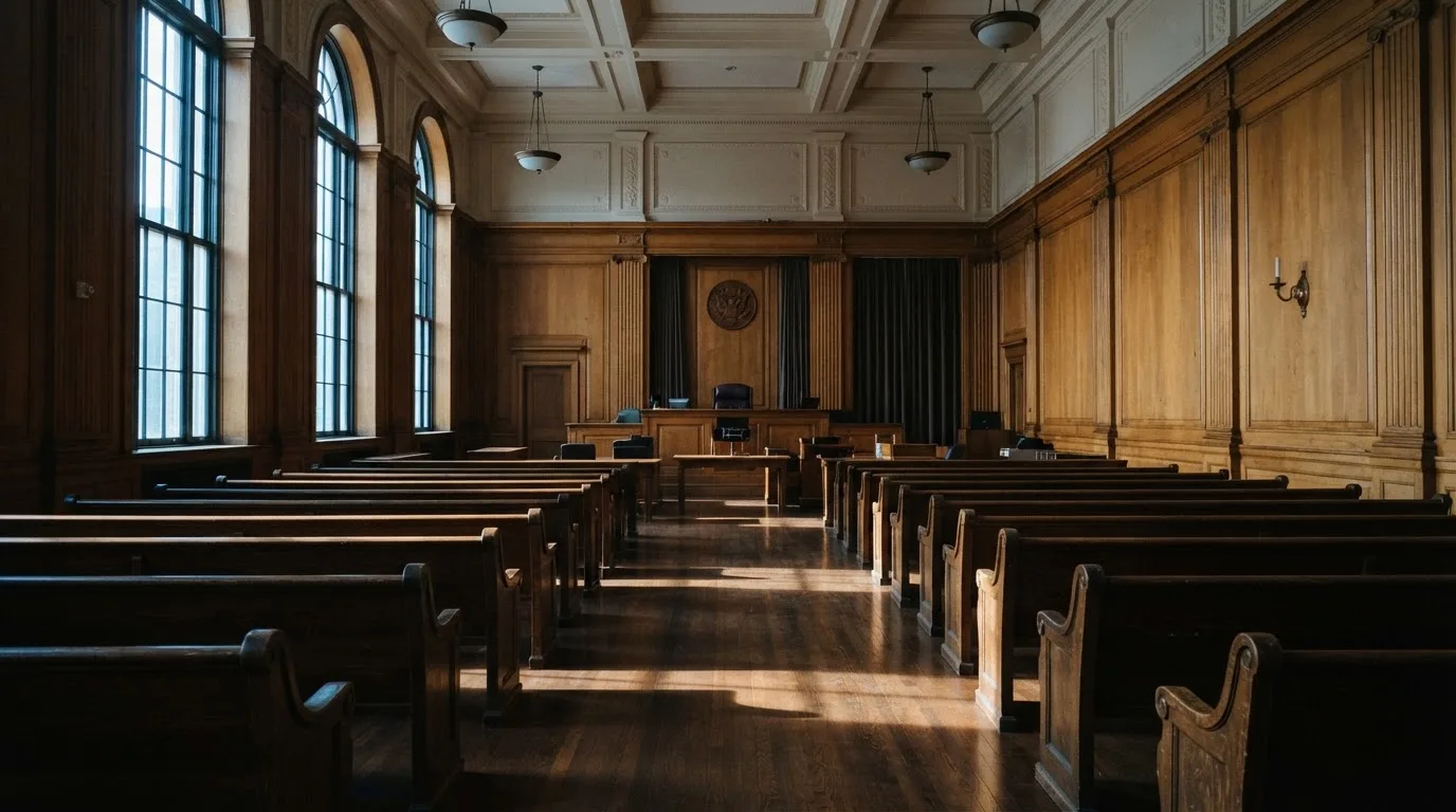 Sala de tribunal vazia com painéis de madeira, à luz da manhã — casinos com depósito mínimo pt
