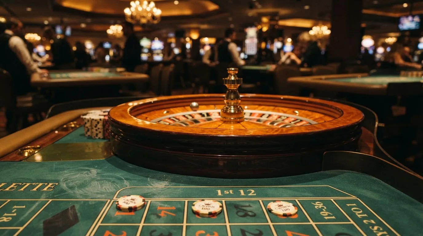 Roda de roleta e fichas sobre feltro verde, sob uma luz quente de fim de tarde — casinos com depósito mínimo pt