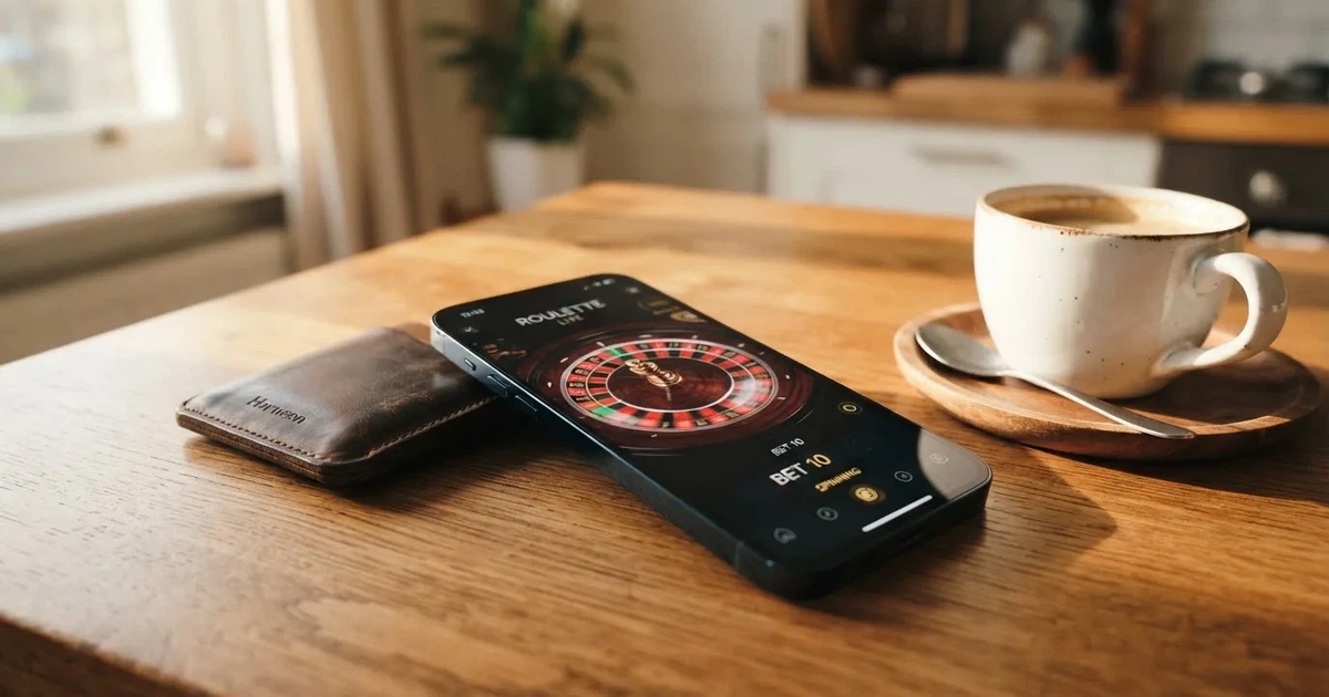 Telemóvel numa mesa de madeira ao lado de uma carteira e de uma chávena de café — casinos com depósito mínimo pt