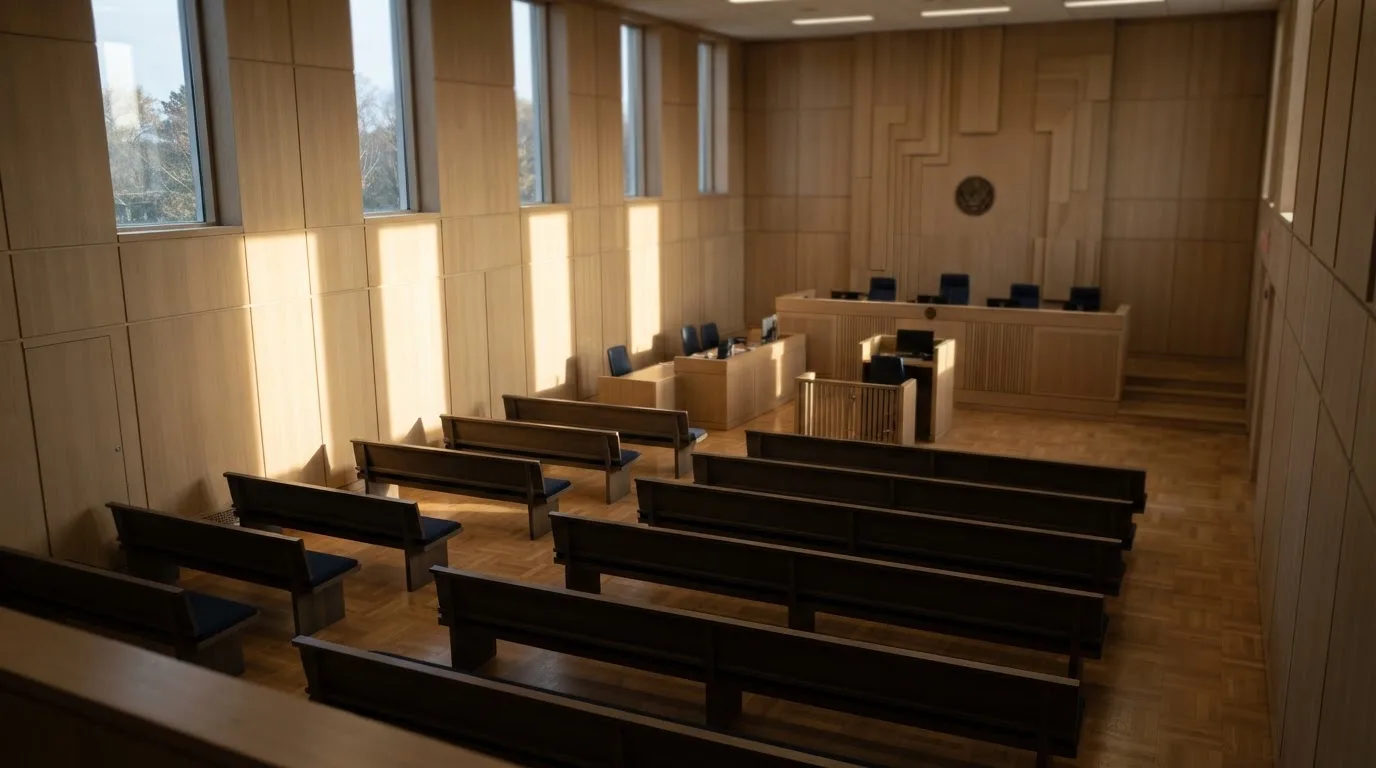 Sala de tribunal vazia com painéis de madeira, à luz da manhã — casinos com dinheiro em portugal