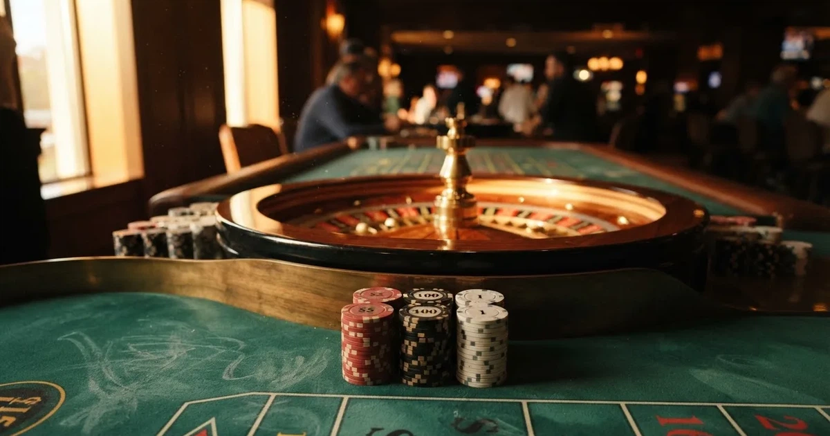 Roda de roleta e fichas sobre feltro verde, sob uma luz quente de fim de tarde — casinos com dinheiro em portugal