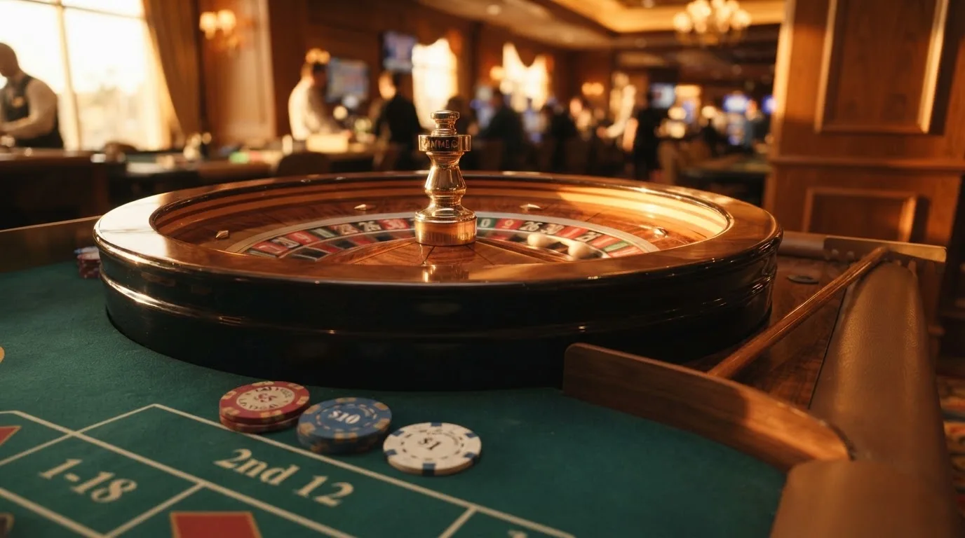 Roda de roleta e fichas sobre feltro verde, sob uma luz quente de fim de tarde — casinos com google pay em portugal