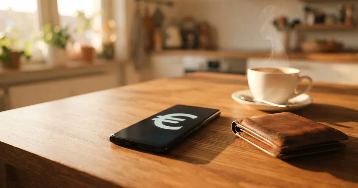 Telemóvel numa mesa de madeira ao lado de uma carteira e de uma chávena de café — casinos com google pay em portugal