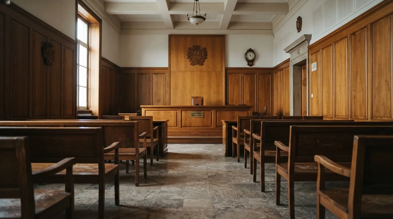 Sala de tribunal vazia com painéis de madeira, à luz da manhã — casinos com maestro em portugal