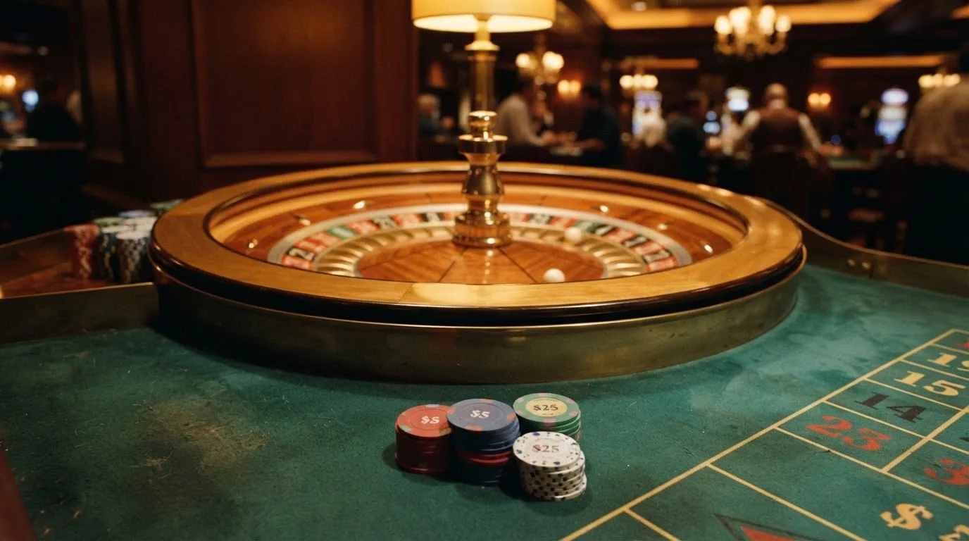 Roda de roleta e fichas sobre feltro verde, sob uma luz quente de fim de tarde — casinos com maestro em portugal
