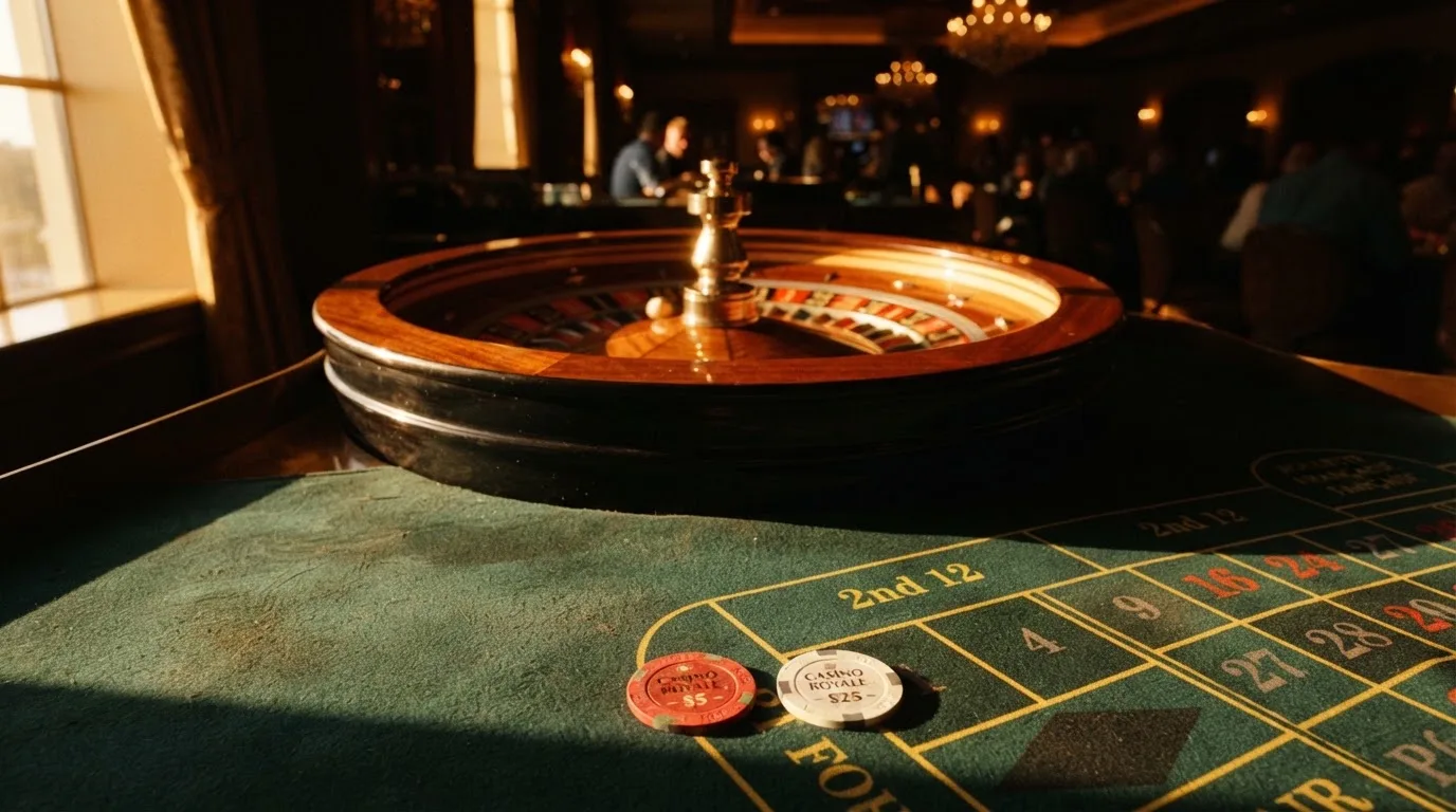 Roda de roleta e fichas sobre feltro verde, sob uma luz quente de fim de tarde — casinos com mastercard em portugal
