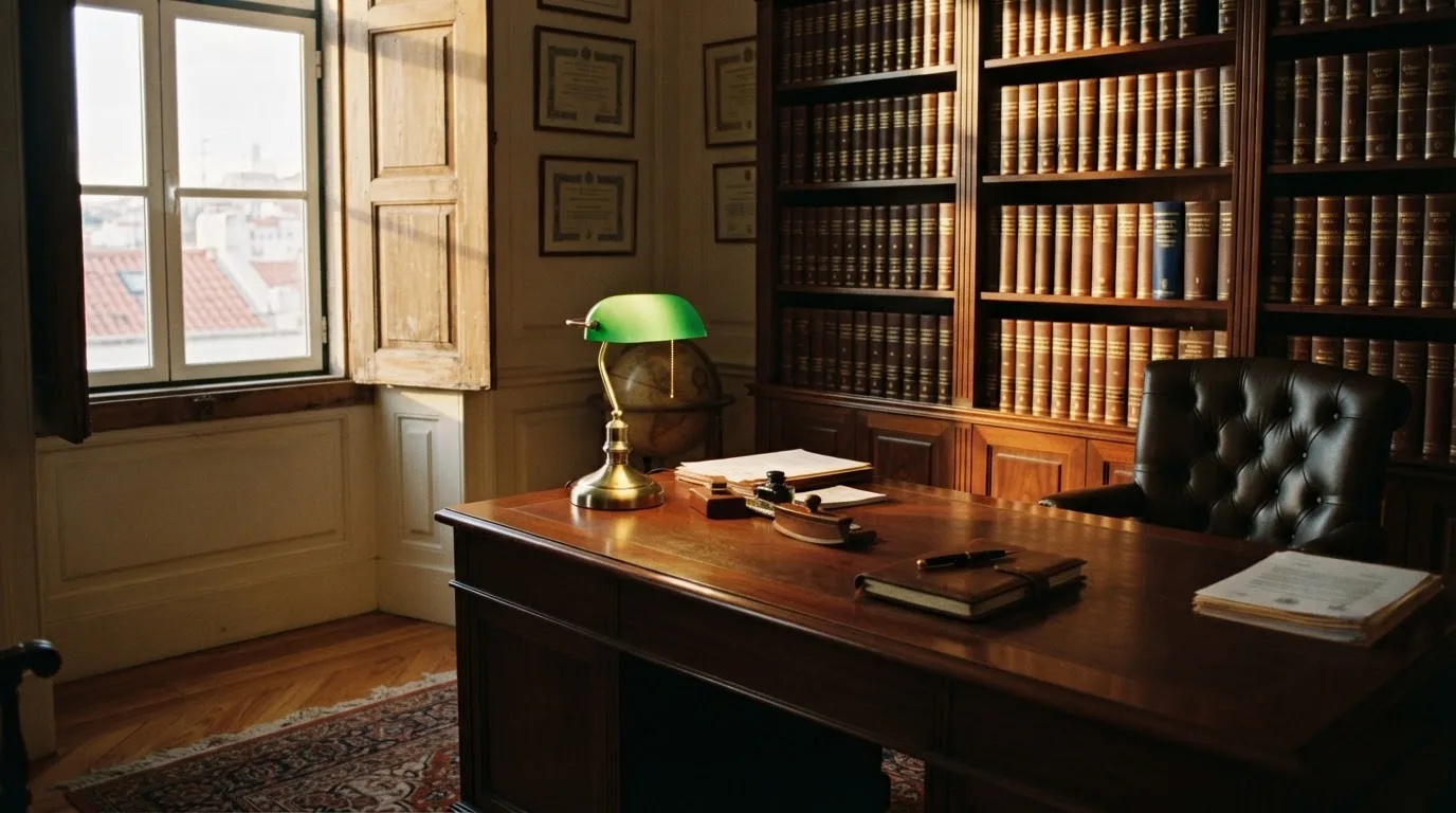 Escritório de advocacia com secretária de madeira, candeeiro de leitura e estantes de livros, sem pessoas, luz tranquila de fim de tarde.