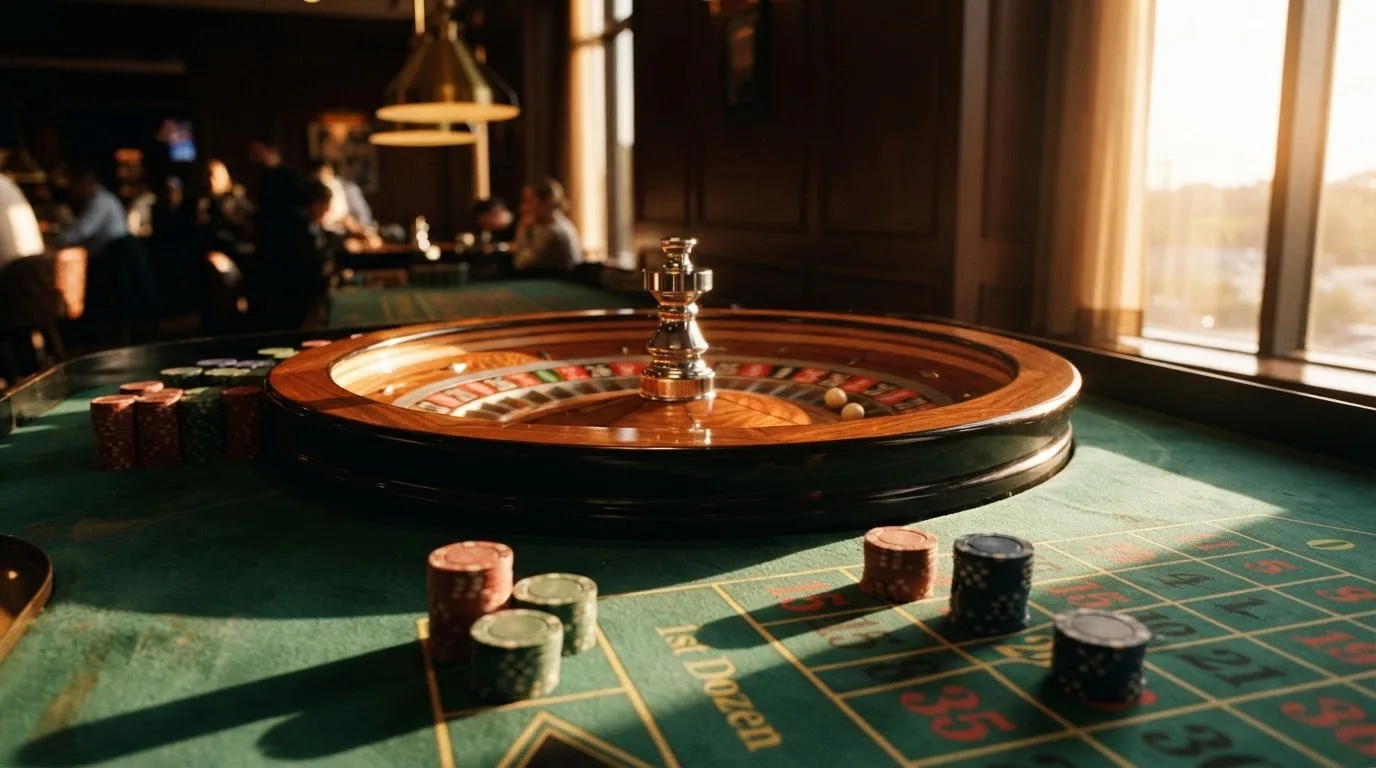 Roda de roleta e fichas sobre feltro verde, sob uma luz quente de fim de tarde — casinos com mifinity em portugal