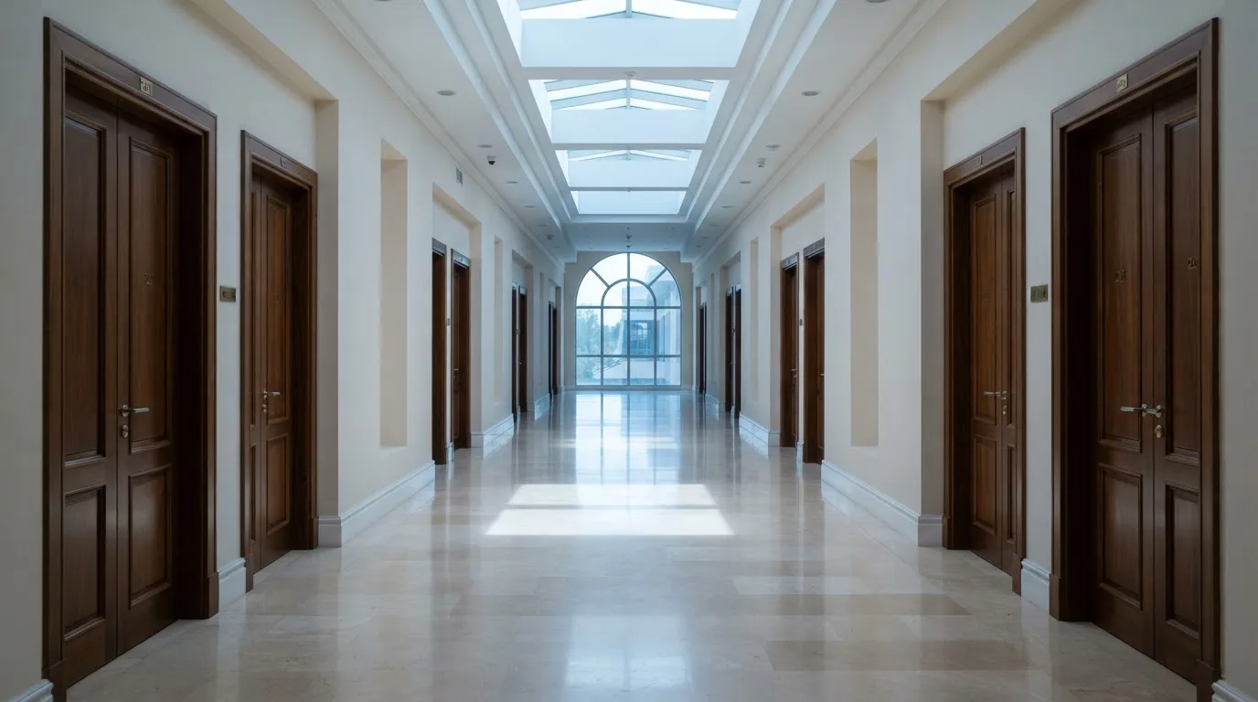 Corredor de um tribunal moderno com portas de madeira e pavimento polido, sem pessoas, luz natural vinda de uma claraboia.