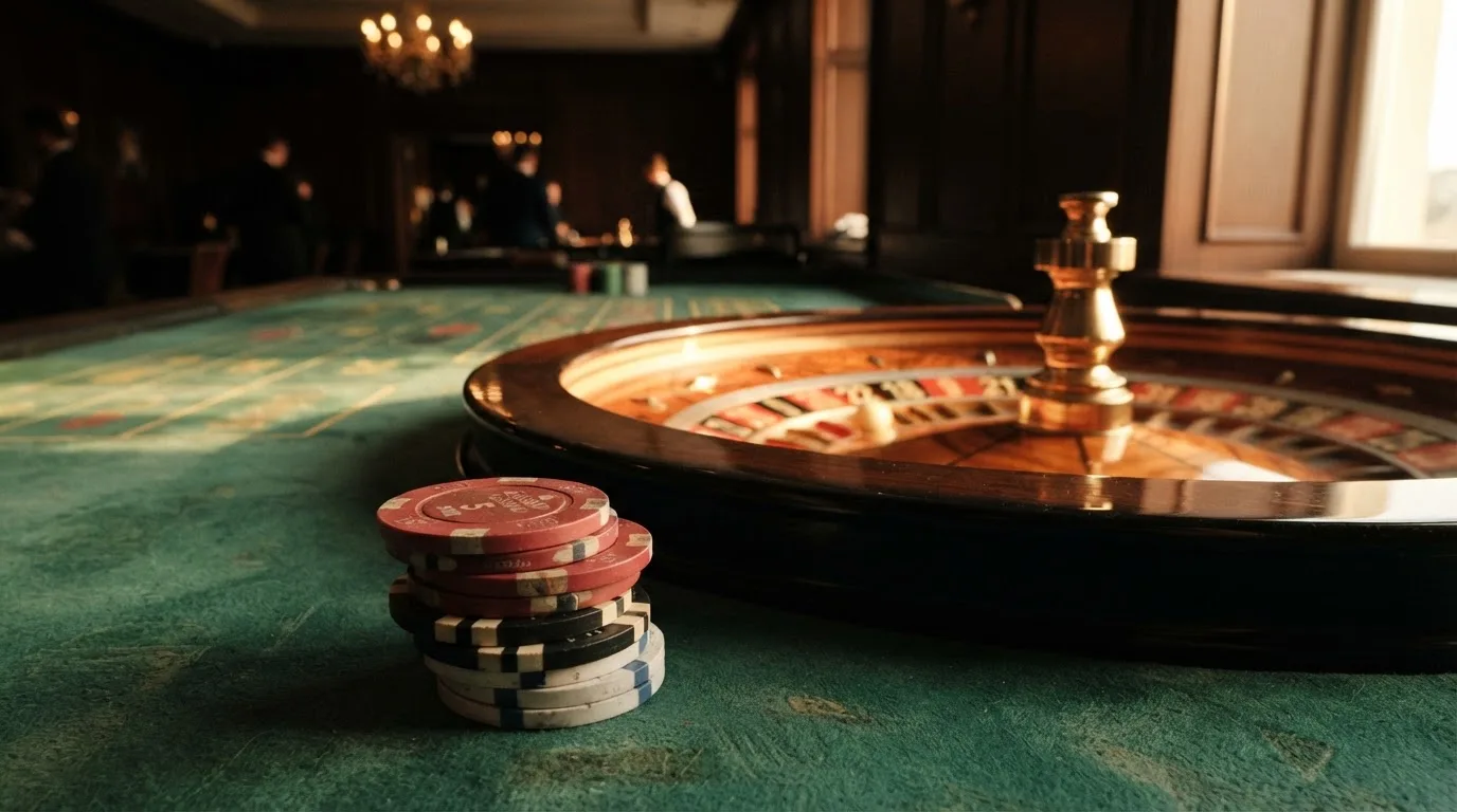 Roda de roleta e fichas sobre feltro verde, sob uma luz quente de fim de tarde — casinos com neteller em portugal