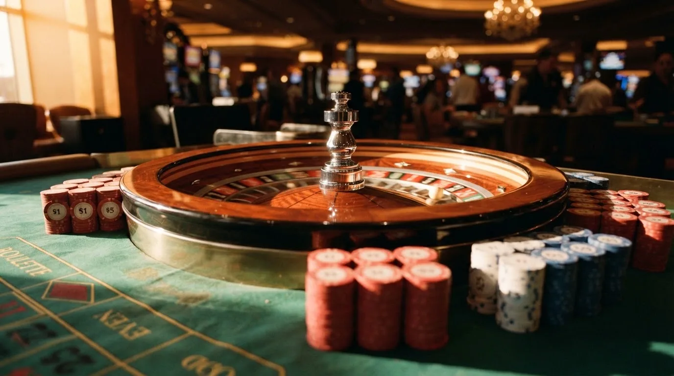 Roda de roleta e fichas sobre feltro verde, sob uma luz quente de fim de tarde — casinos com paypal em portugal