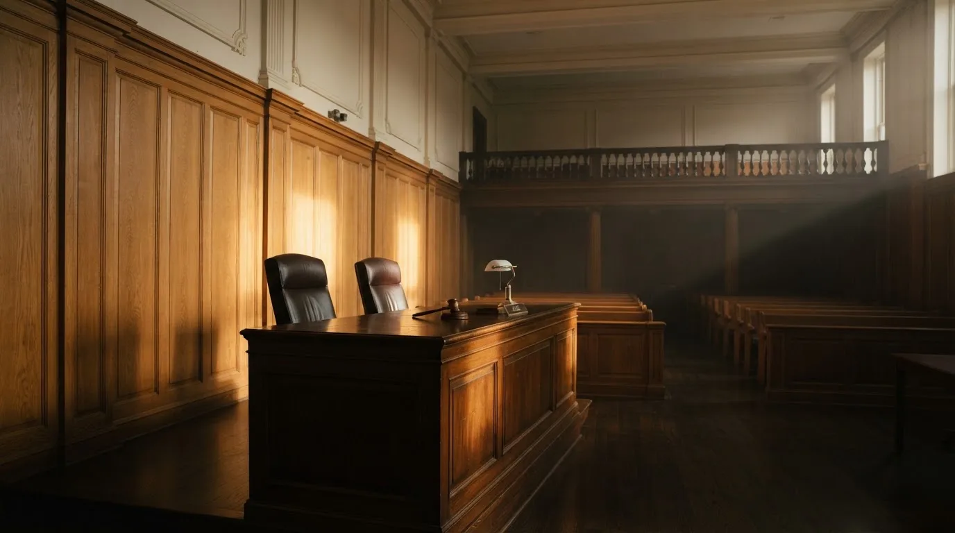 Sala de tribunal vazia com painéis de madeira, à luz da manhã — casinos com paysafecard em portugal