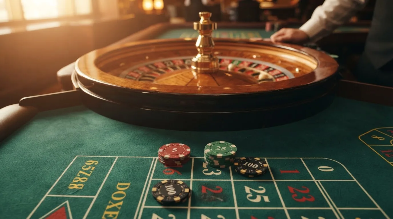 Roda de roleta e fichas sobre feltro verde, sob uma luz quente de fim de tarde — casinos com paysafecard em portugal