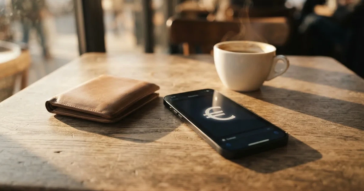 Telemóvel numa mesa de madeira ao lado de uma carteira e de uma chávena de café — casinos com paysafecard em portugal