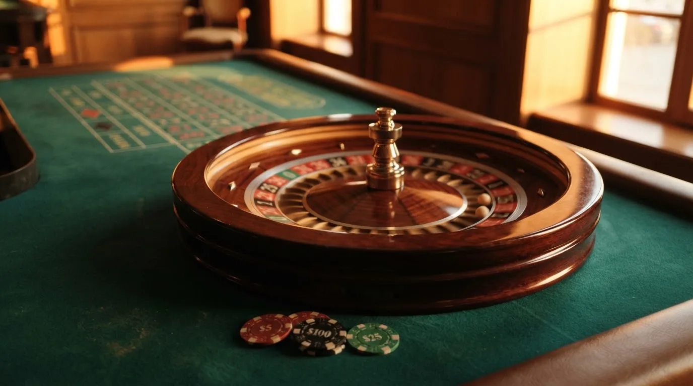 Roda de roleta e fichas sobre feltro verde, sob uma luz quente de fim de tarde — casinos com payu em portugal