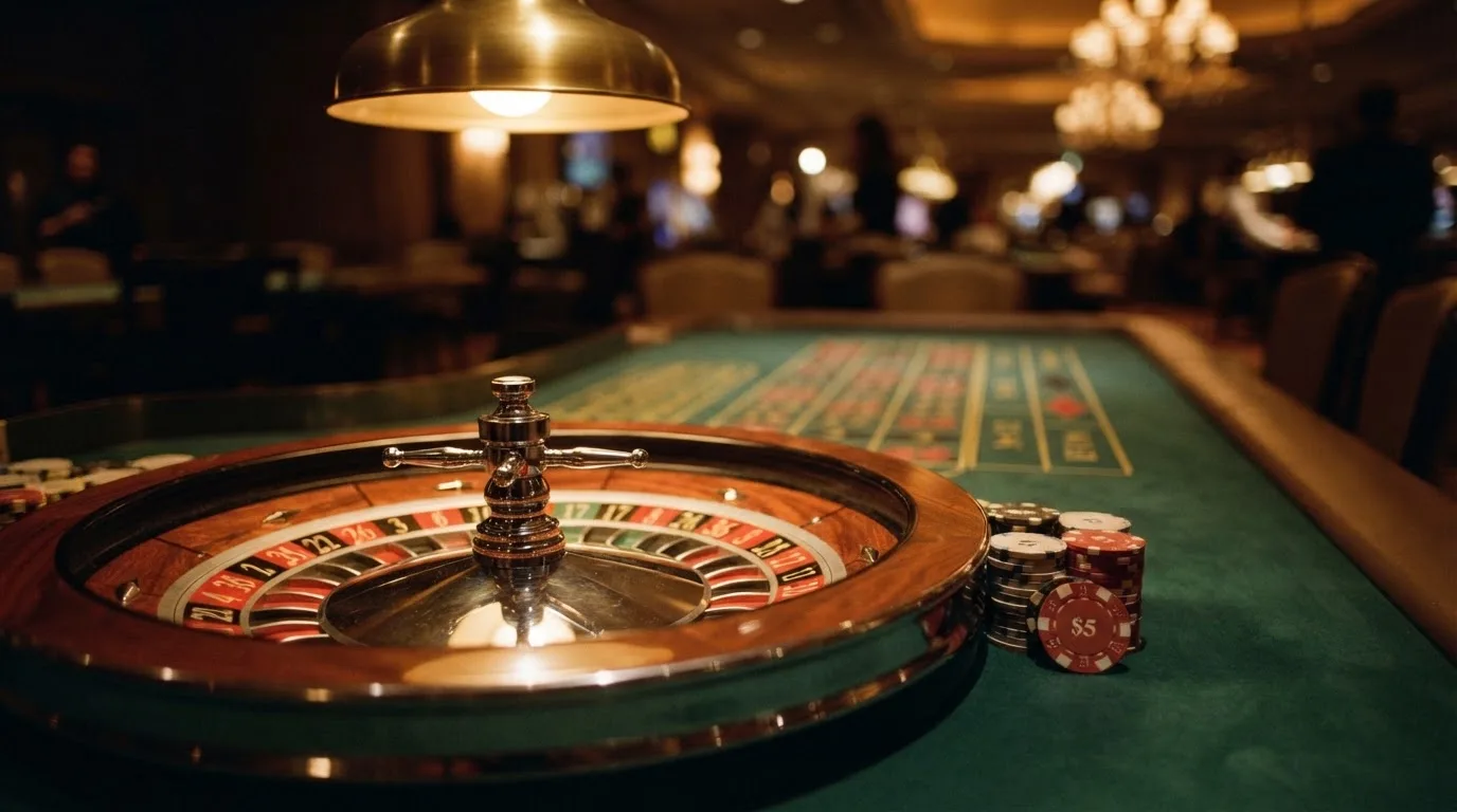 Roda de roleta e fichas sobre feltro verde, sob uma luz quente de fim de tarde — casinos com rodadas em portugal