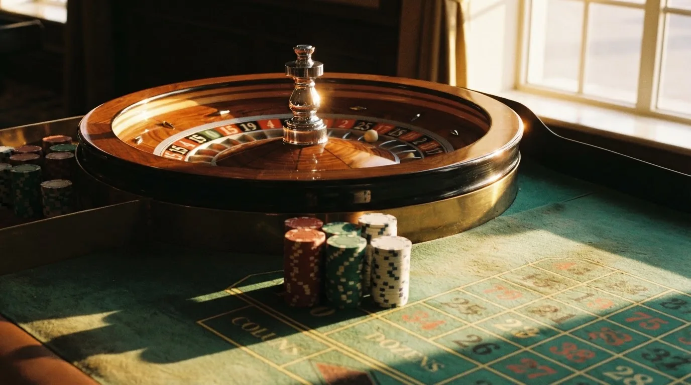 Roda de roleta e fichas sobre feltro verde, sob uma luz quente de fim de tarde — casinos com skrill em portugal
