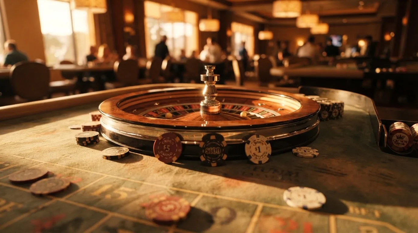 Roda de roleta e fichas sobre feltro verde, sob uma luz quente de fim de tarde — casinos com transferência bancária pt