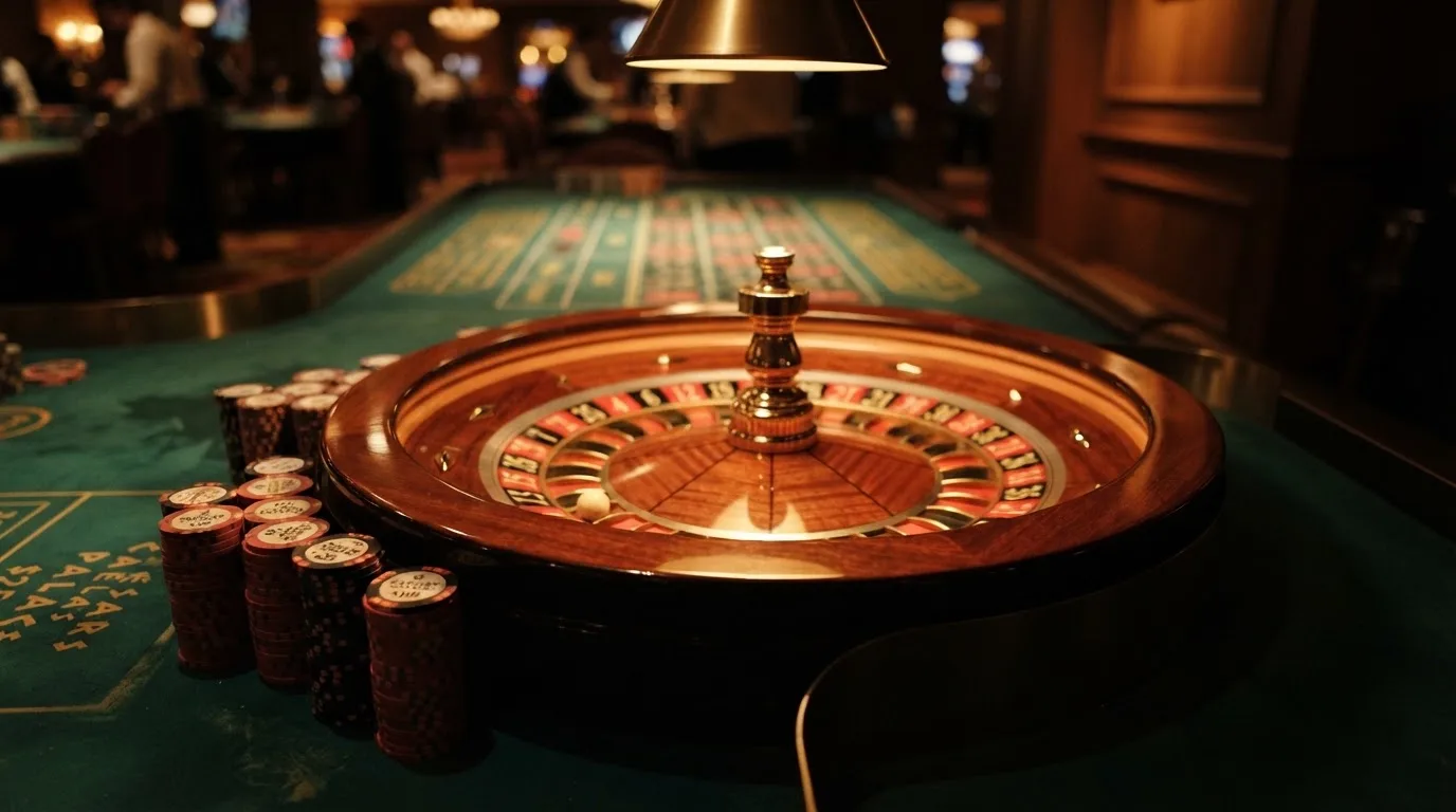 Roda de roleta e fichas sobre feltro verde, sob uma luz quente de fim de tarde — casinos com visa em portugal