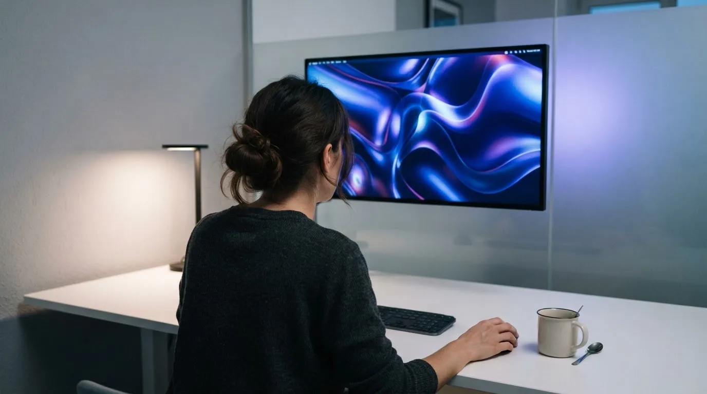 Mulher numa sala de computadores a observar um monitor com formas luminosas abstratas, ambiente de escritório moderno.