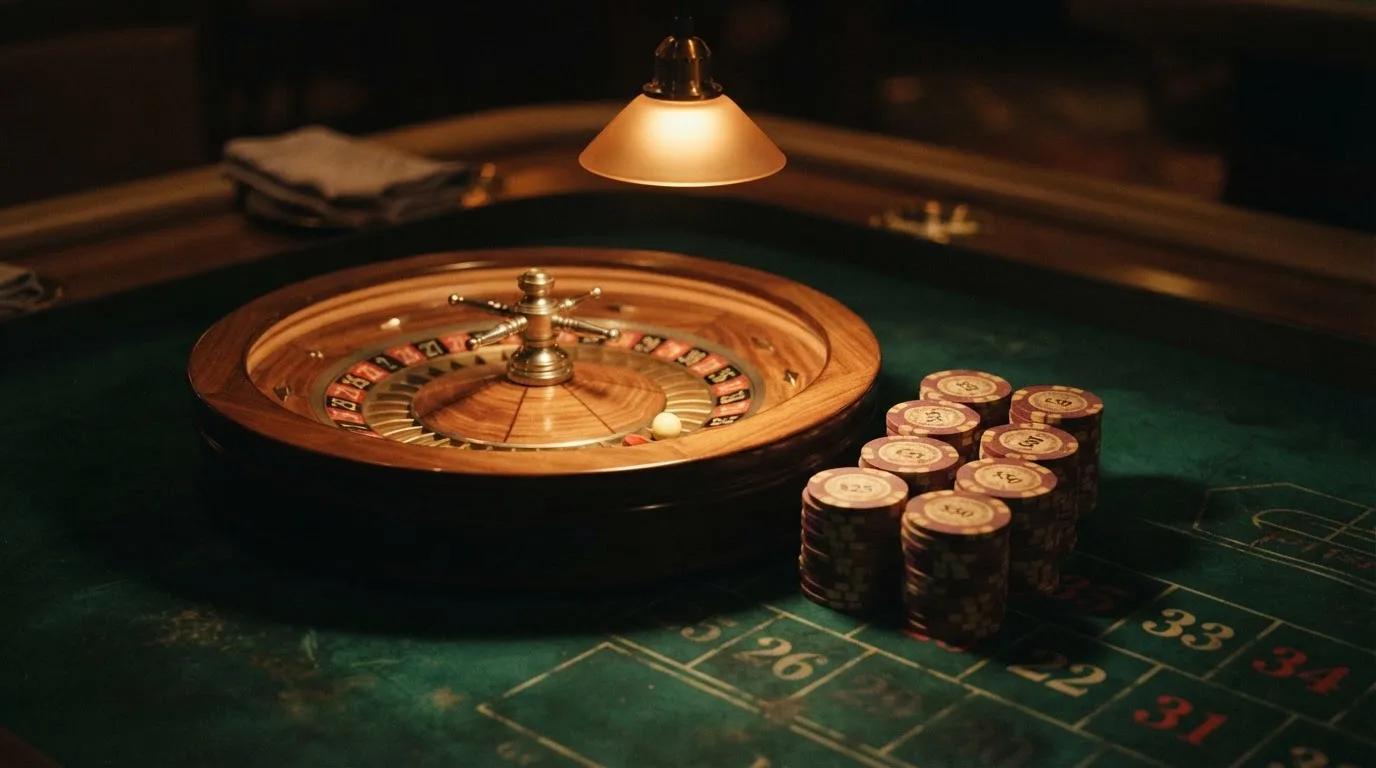Roda de roleta e fichas sobre feltro verde, sob uma luz quente de fim de tarde — casinos grátis em portugal