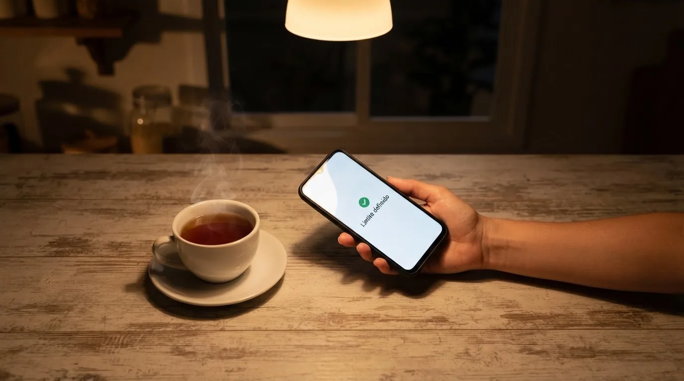 Mão a segurar um telemóvel ao lado de uma chávena de chá numa mesa de cozinha, numa noite tranquila — casinos legais em portugal