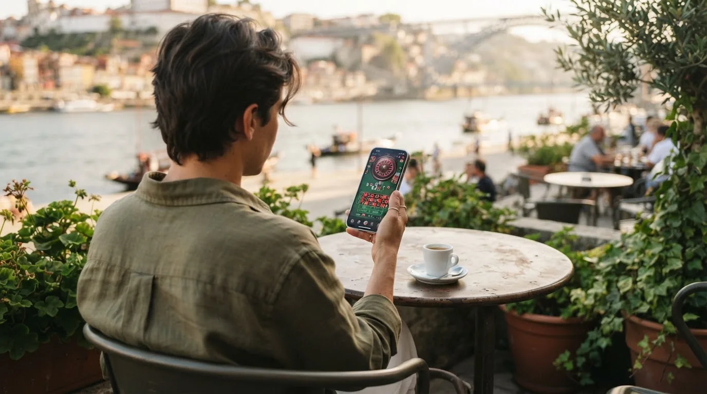 Pessoa a jogar no telemóvel numa esplanada, com um café pousado na mesa e o rio ao fundo, sob sol suave.