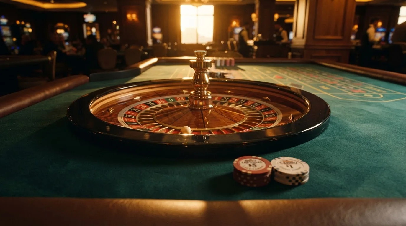Roda de roleta e fichas sobre feltro verde, sob uma luz quente de fim de tarde — casinos online com depósito pt