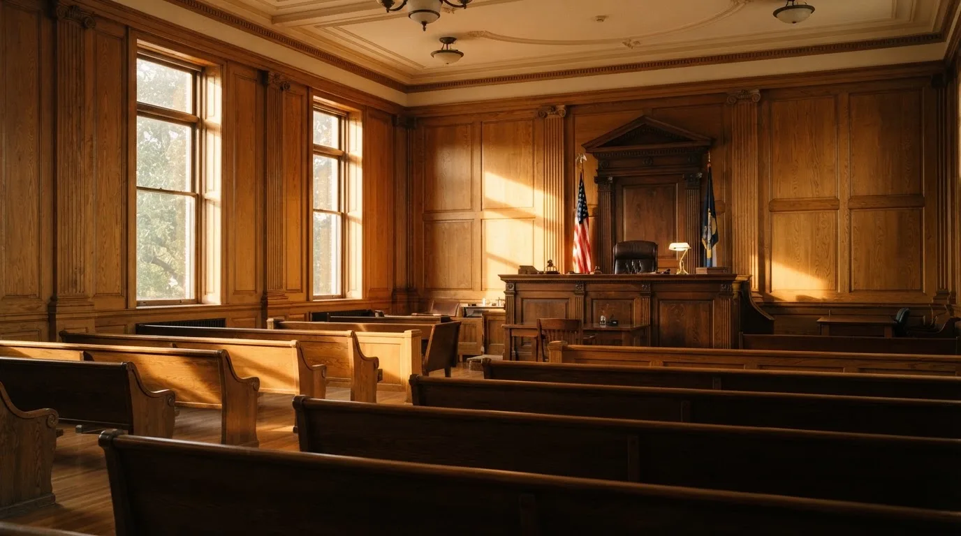 Sala de tribunal vazia com painéis de madeira, à luz da manhã — casinos online grátis em portugal