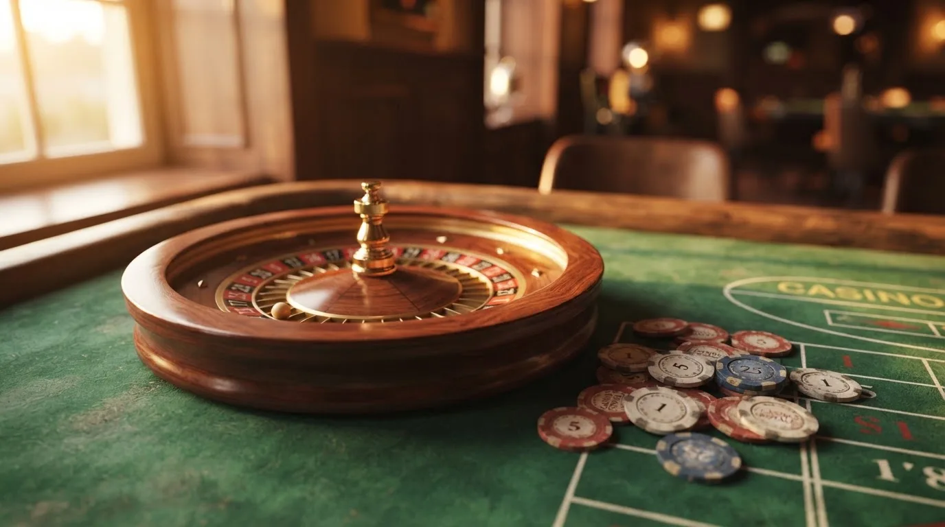 Roda de roleta e fichas sobre feltro verde, sob uma luz quente de fim de tarde — casinos online grátis em portugal
