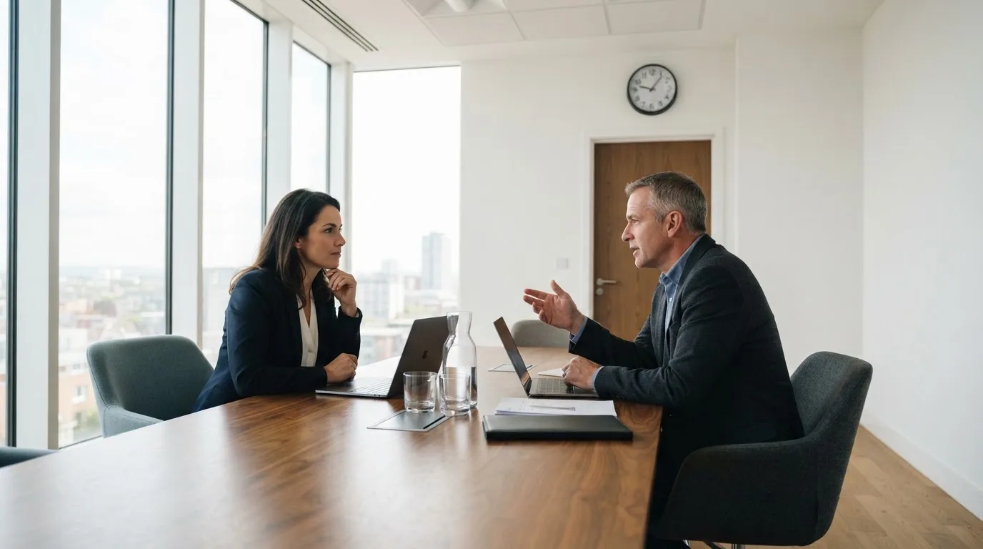 Funcionários de um serviço público a conversar numa sala de reuniões luminosa, com janelas amplas e portáteis fechados sobre a mesa.