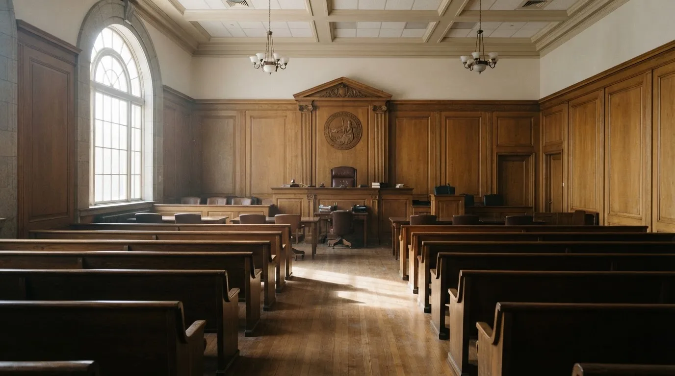 Sala de tribunal vazia com painéis de madeira, à luz da manhã — casinos online sem depósito pt