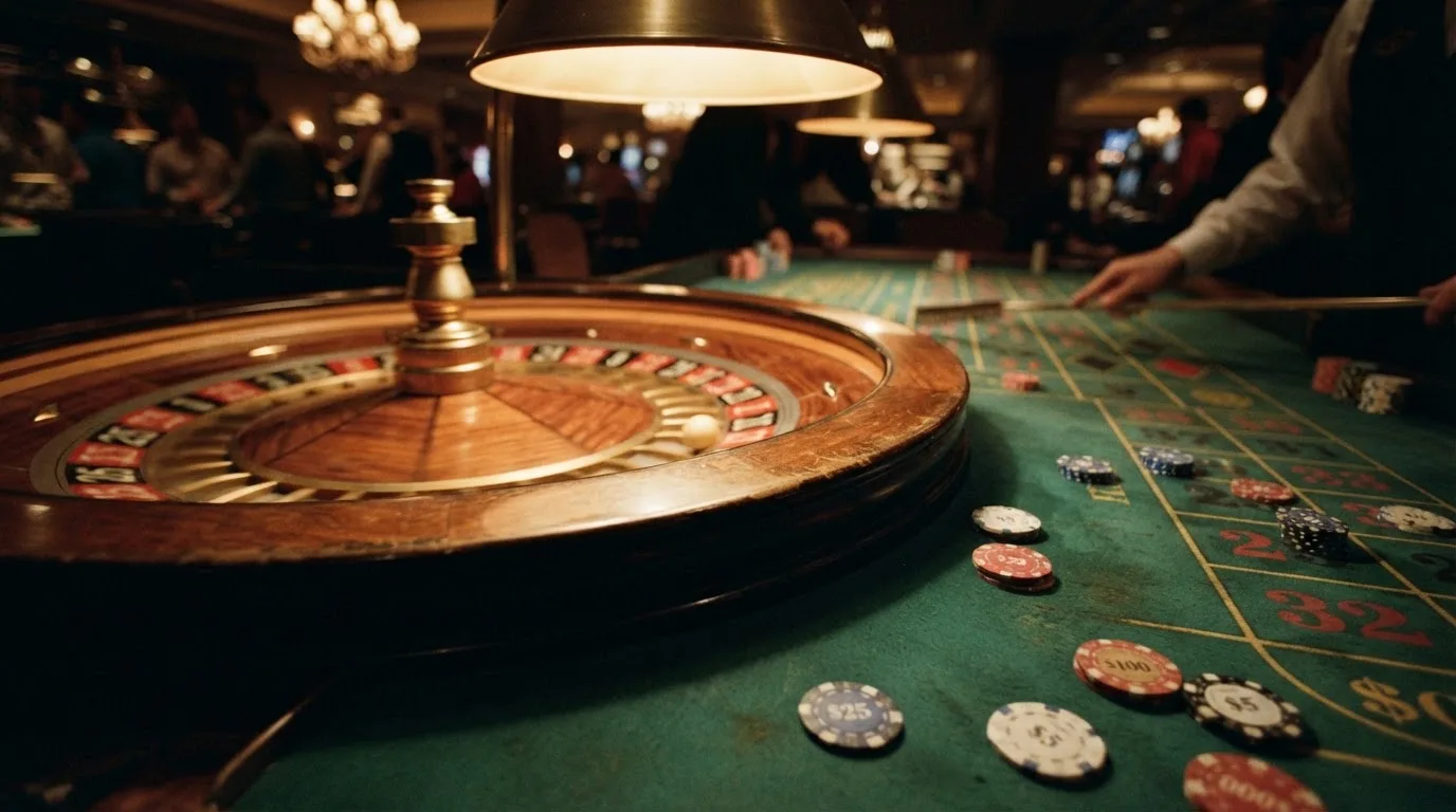 Roda de roleta e fichas sobre feltro verde, sob uma luz quente de fim de tarde — casinos online sem depósito pt