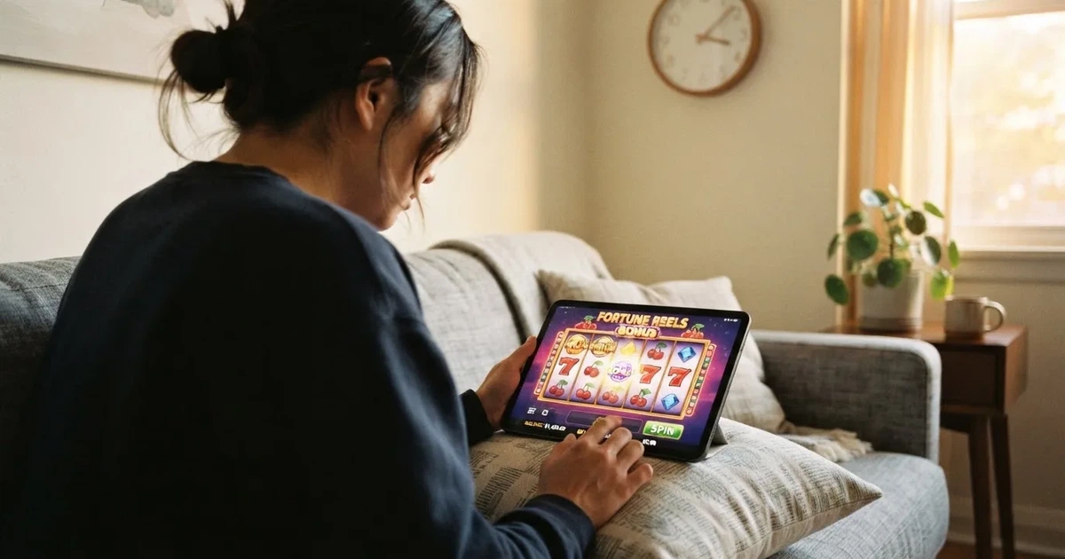 Pessoa num sofá a olhar pensativa para um tablet, com um relógio na parede atrás — casinos online sem depósito pt