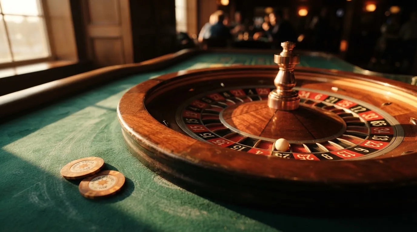 Roda de roleta e fichas sobre feltro verde, sob uma luz quente de fim de tarde — casinos para ganhar dinheiro pt