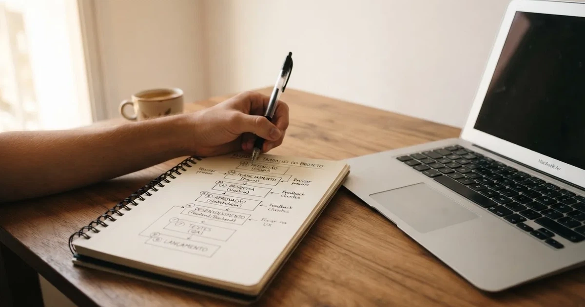 Caderno com um esboço passo a passo ao lado de um teclado — casinos para ganhar dinheiro pt