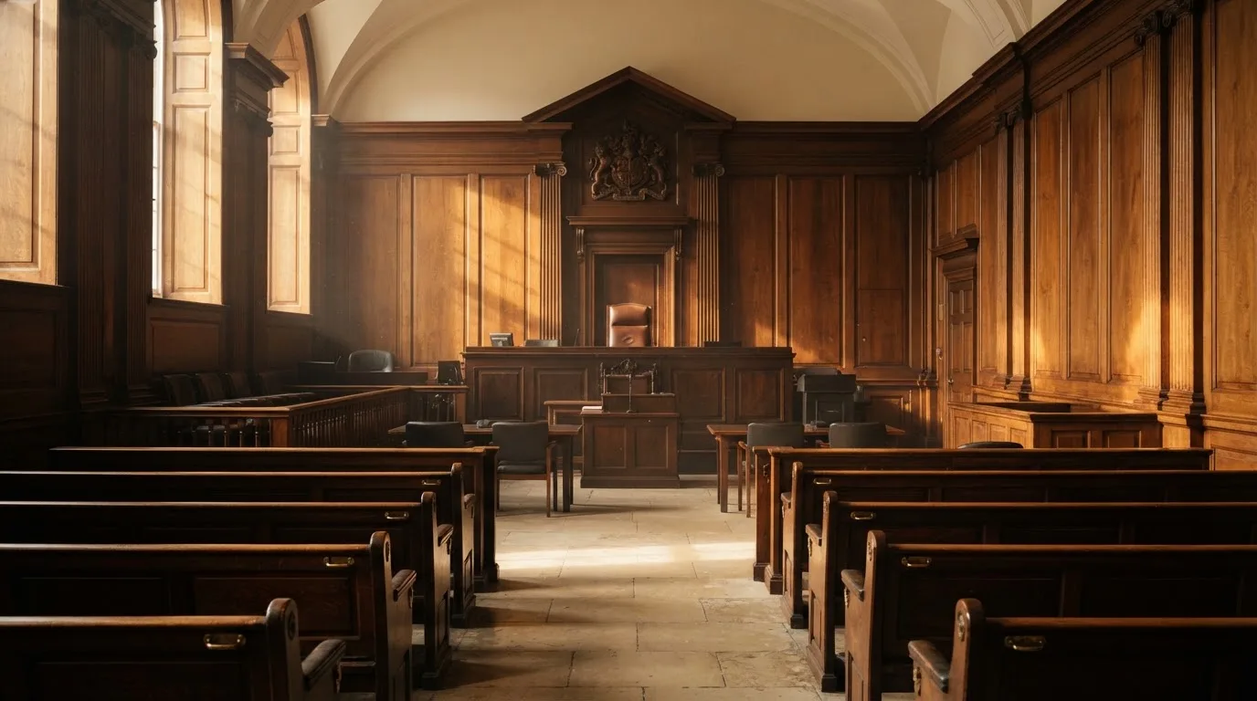 Sala de tribunal vazia com painéis de madeira, à luz da manhã — cassino com bônus em portugal