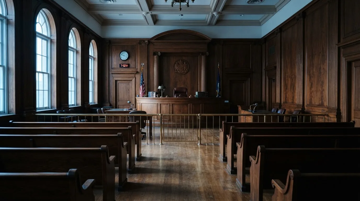 Sala de tribunal vazia com painéis de madeira, à luz da manhã — cassino com depósito em portugal