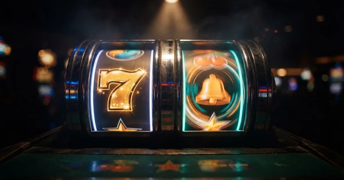Rolos luminosos de uma slot machine numa sala escura, em grande plano — cassino grátis em portugal
