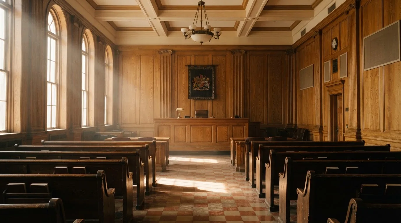 Sala de tribunal vazia com painéis de madeira, à luz da manhã — cassino sem depósito em portugal