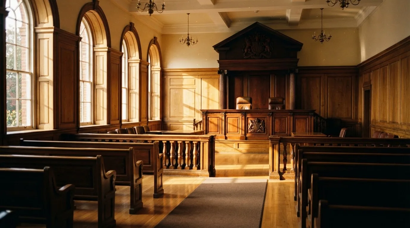 Sala de tribunal vazia com painéis de madeira, à luz da manhã — cassinos ao vivo em portugal