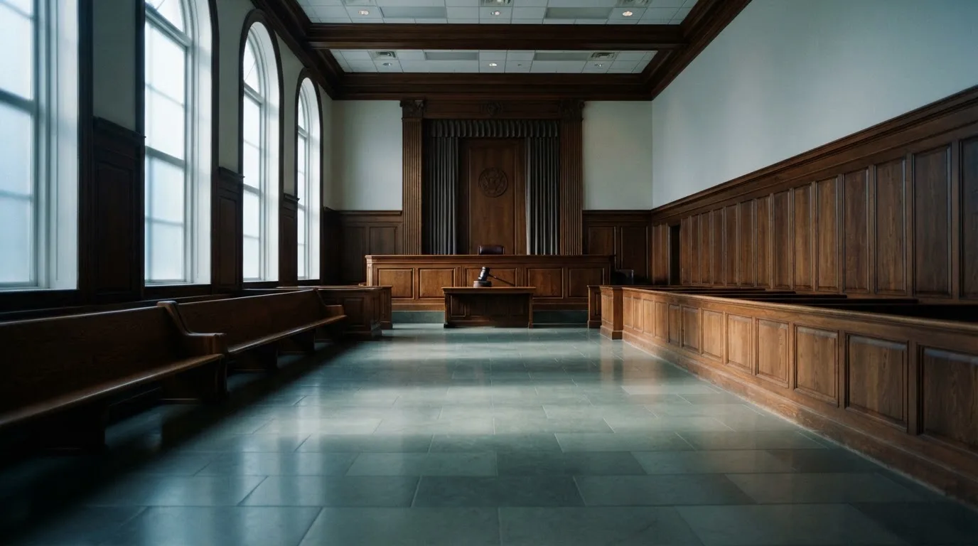 Sala de tribunal vazia com painéis de madeira, à luz da manhã — cassinos com bitcoin em portugal