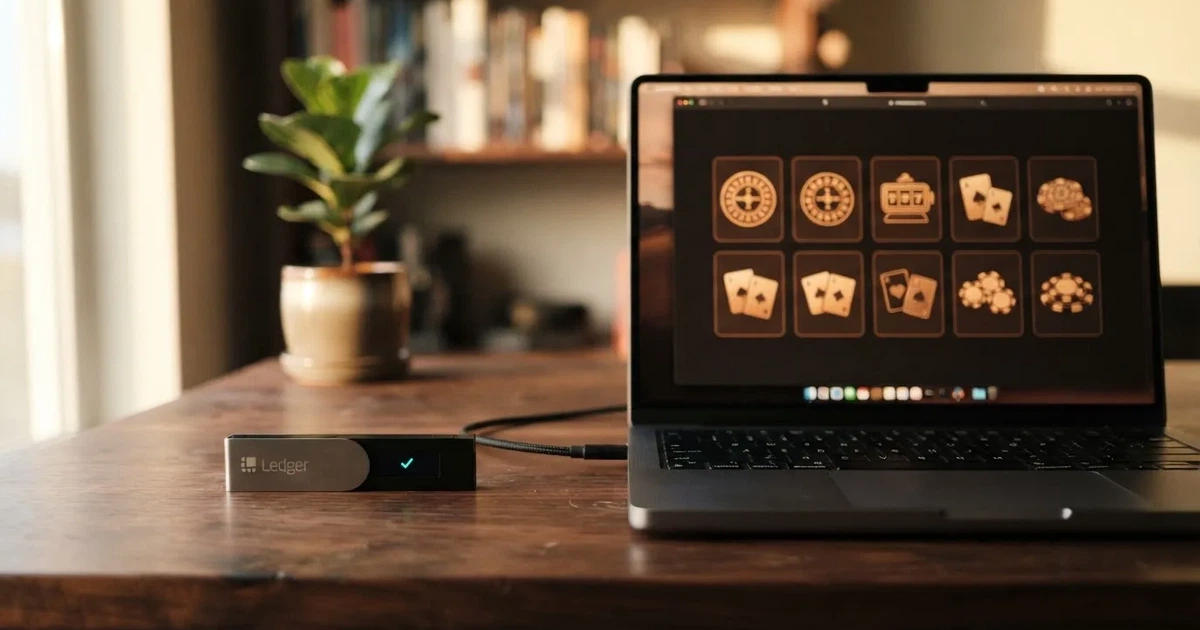 Carteira de hardware e computador portátil numa secretária, com luz suave — cassinos com bitcoin em portugal