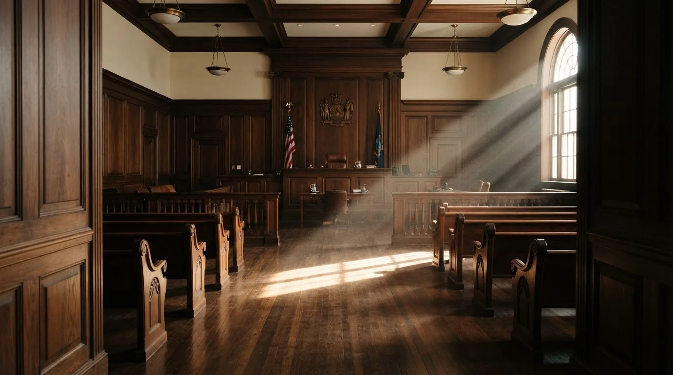 Sala de tribunal vazia com painéis de madeira, à luz da manhã — cassinos de criptomoedas pt
