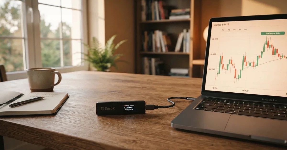 Carteira de hardware e computador portátil numa secretária, com luz suave — cassinos de criptomoedas pt