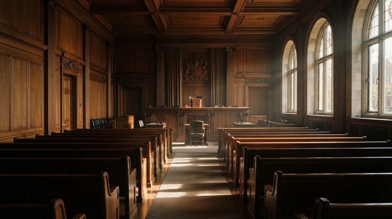 Sala de tribunal vazia com painéis de madeira, à luz da manhã — cassinos online em portugal
