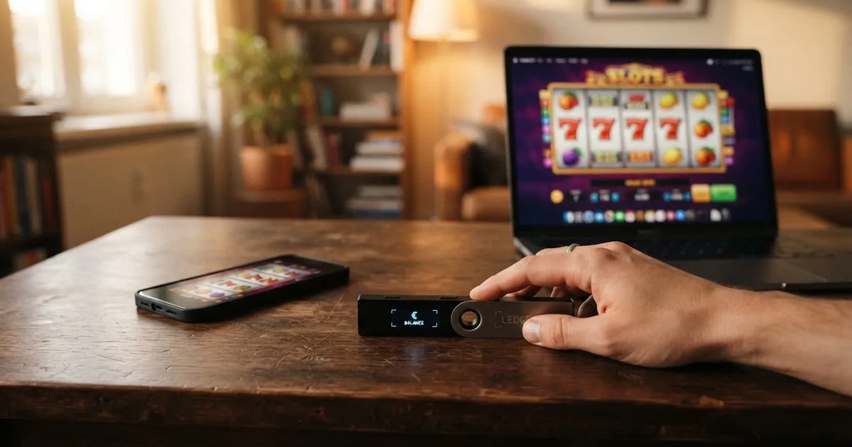 Carteira de hardware e computador portátil numa secretária, com luz suave — cassinos sem kyc em portugal